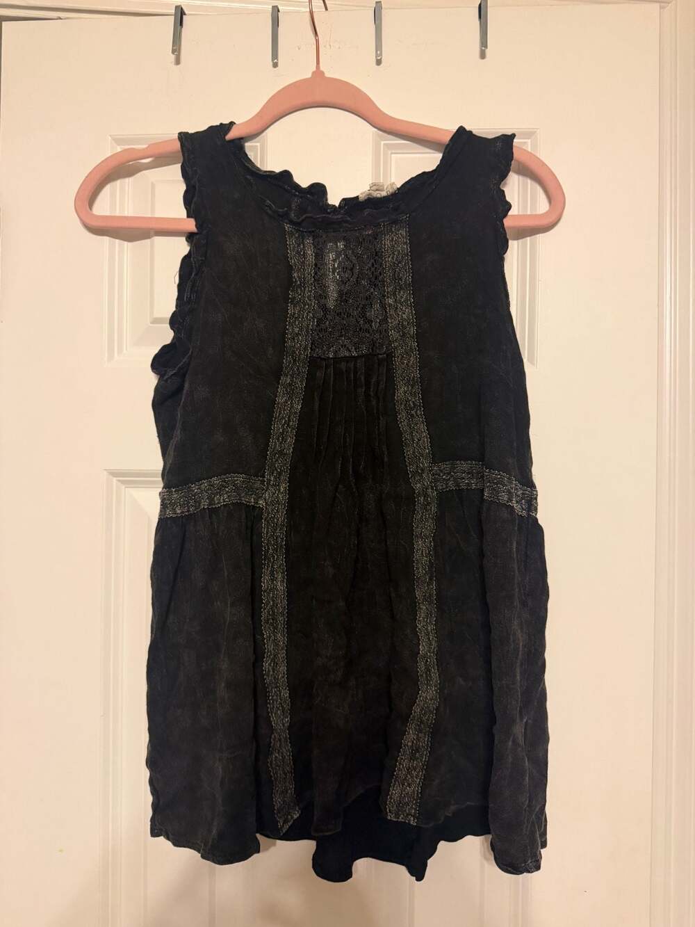 POL Acid Wash Black Tank Top with Lace Trim and Pleated Details Size S